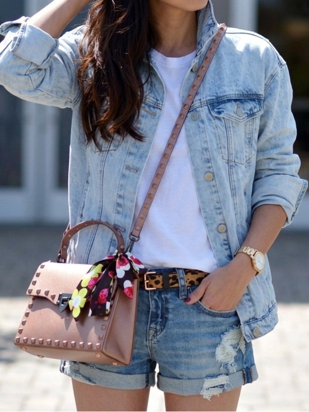 Stud-Accent Rose Gold Top-Handle Women's Mini Bag/Crossbody Bag with Scarf
